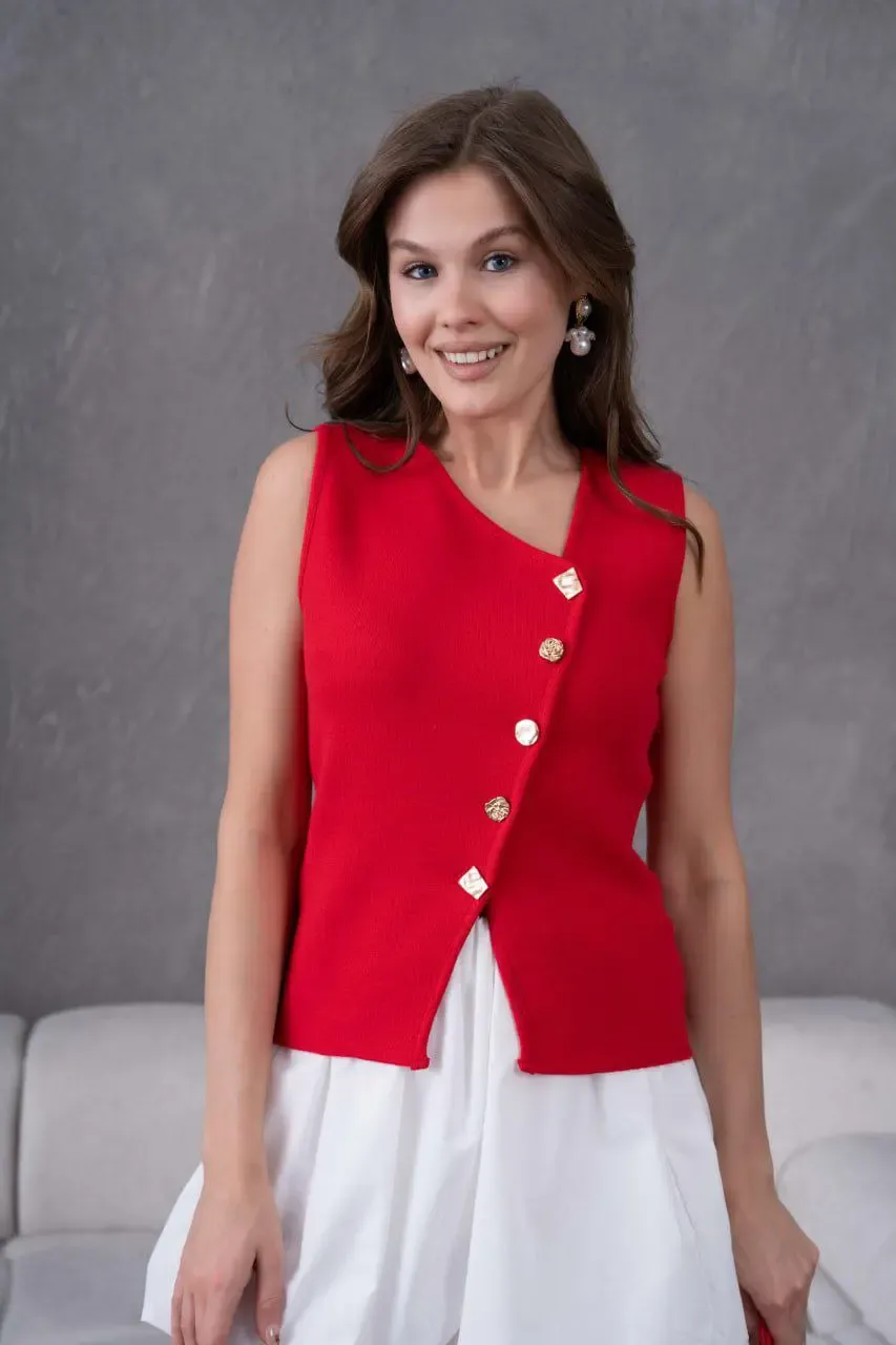 12049 Kadın Asimetrik Yaka Gold Düğme Detay Premium İplik Triko Yelek