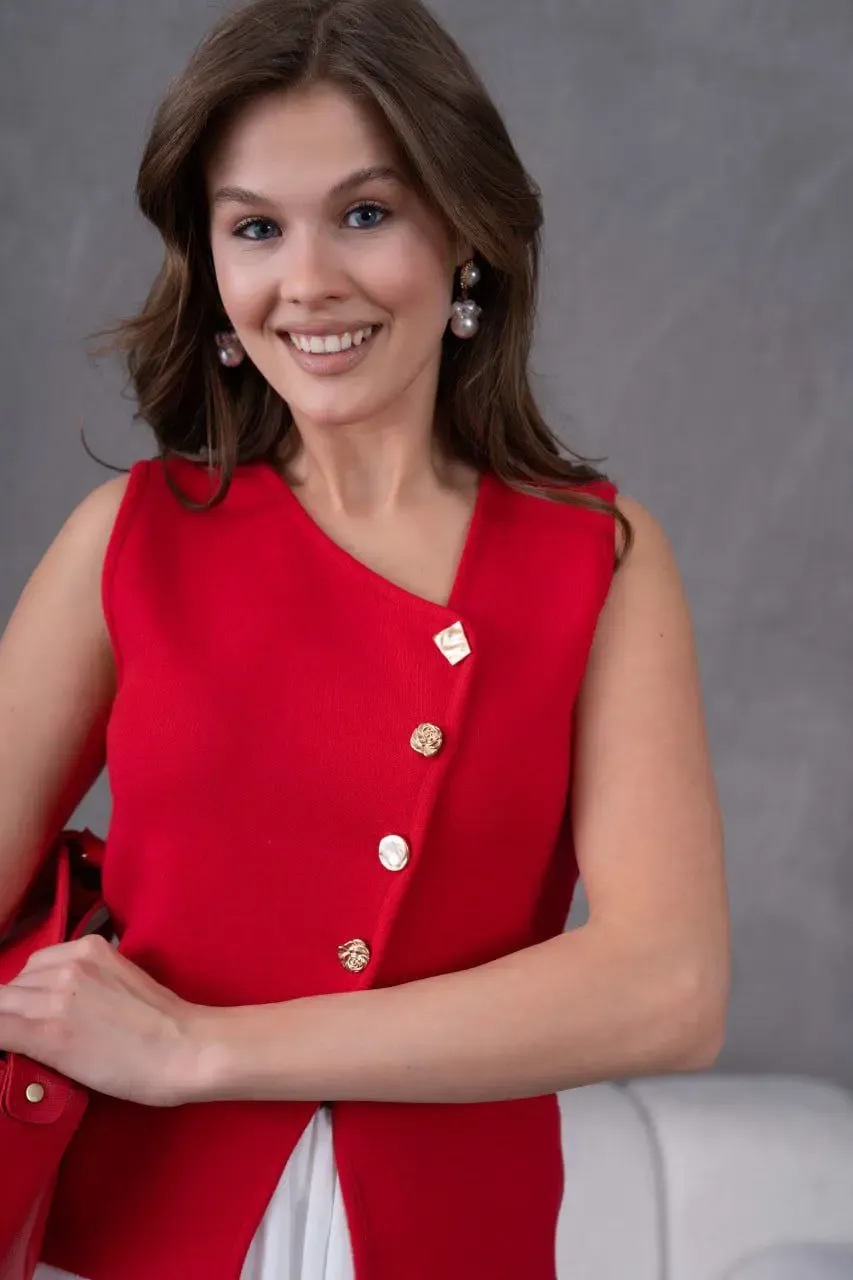 12049 Kadın Asimetrik Yaka Gold Düğme Detay Premium İplik Triko Yelek