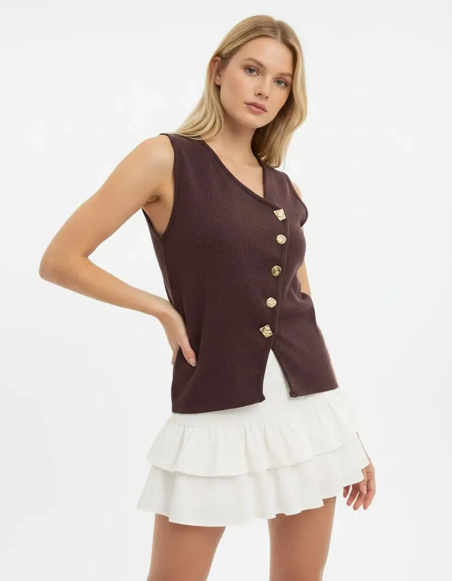 12049 Kadın Asimetrik Yaka Gold Düğme Detay Premium İplik Triko Yelek