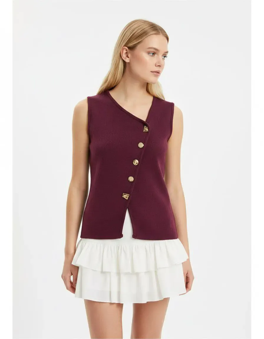 12049 Kadın Asimetrik Yaka Gold Düğme Detay Premium İplik Triko Yelek