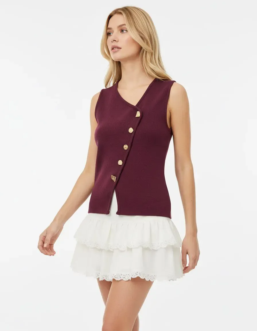 12049 Kadın Asimetrik Yaka Gold Düğme Detay Premium İplik Triko Yelek