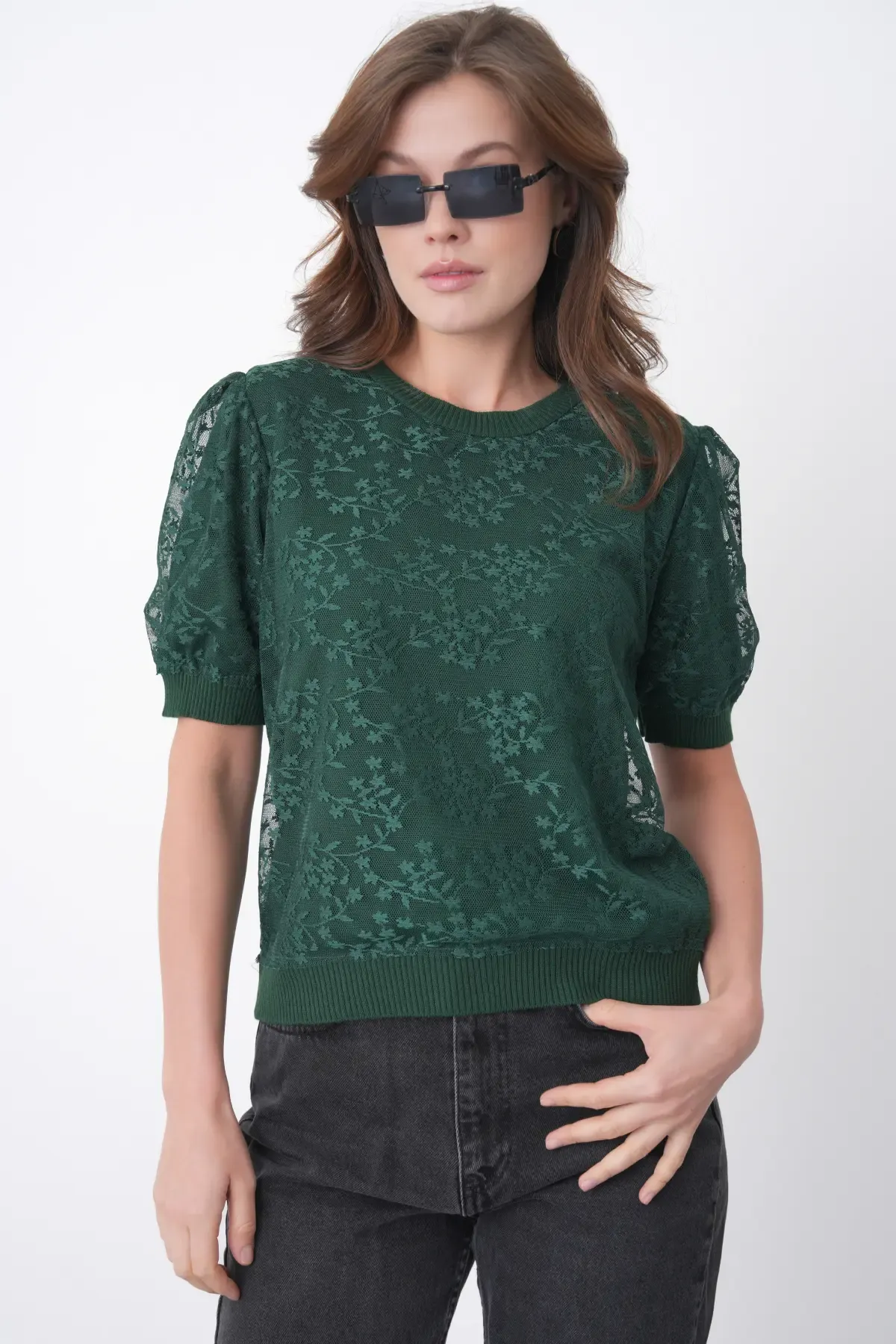 12058 Kadın Bisiklet Yaka çiçek Tül Detaylı Triko Bluz