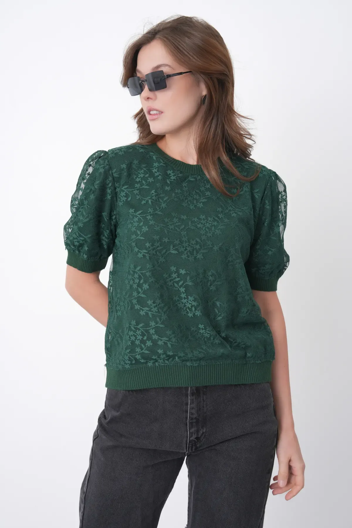 12058 Kadın Bisiklet Yaka çiçek Tül Detaylı Triko Bluz