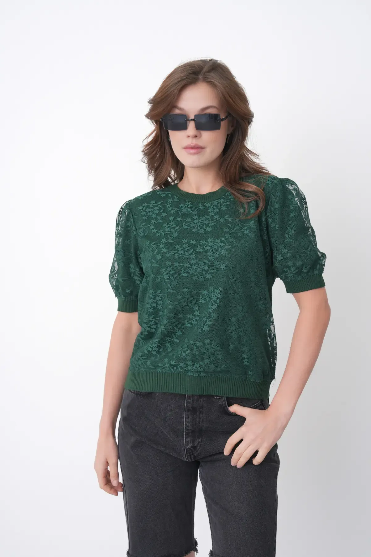 12058 Kadın Bisiklet Yaka çiçek Tül Detaylı Triko Bluz