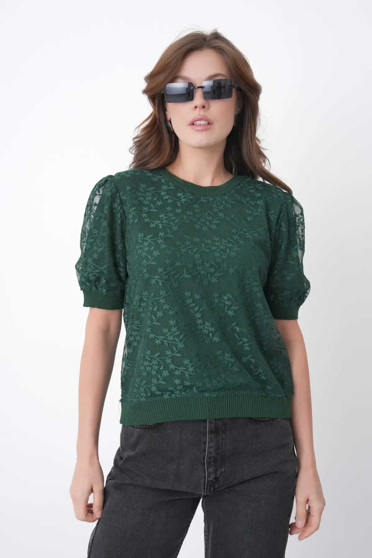 12058 Kadın Bisiklet Yaka çiçek Tül Detaylı Triko Bluz