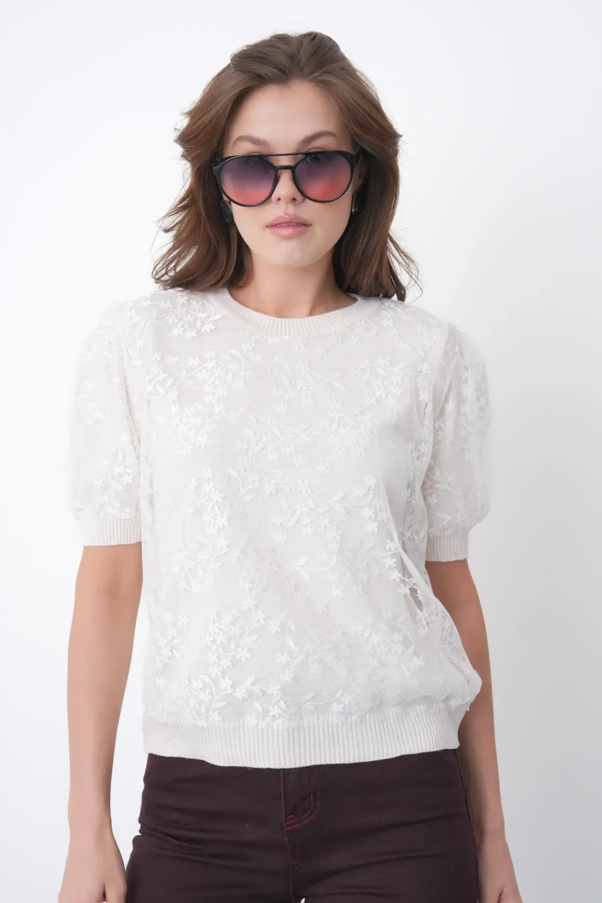 12058 Kadın Bisiklet Yaka çiçek Tül Detaylı Triko Bluz