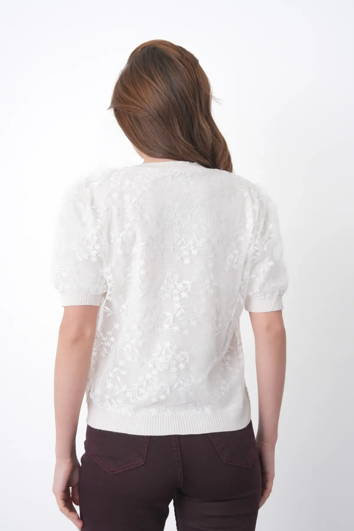 12058 Kadın Bisiklet Yaka çiçek Tül Detaylı Triko Bluz