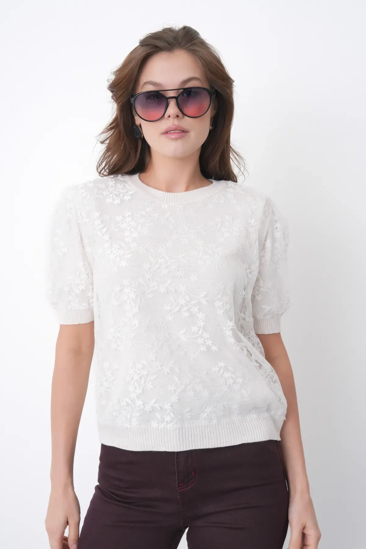 12058 Kadın Bisiklet Yaka çiçek Tül Detaylı Triko Bluz