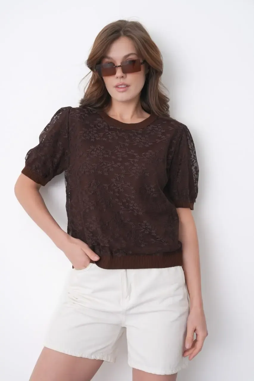 12058 Kadın Bisiklet Yaka çiçek Tül Detaylı Triko Bluz