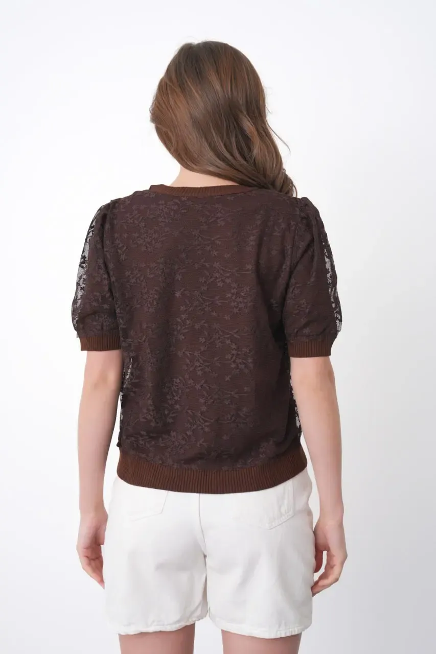 12058 Kadın Bisiklet Yaka çiçek Tül Detaylı Triko Bluz