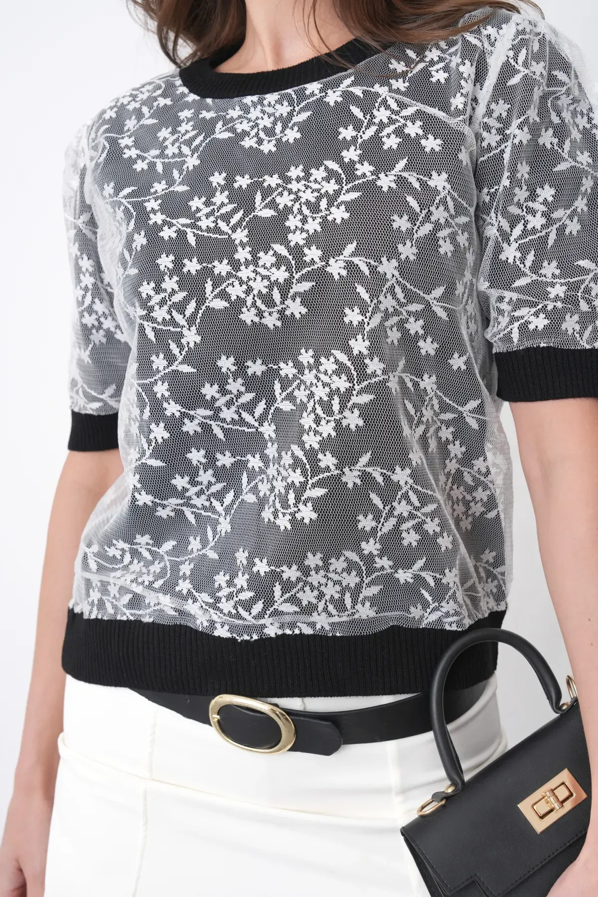 12058 Kadın Bisiklet Yaka çiçek Tül Detaylı Triko Bluz