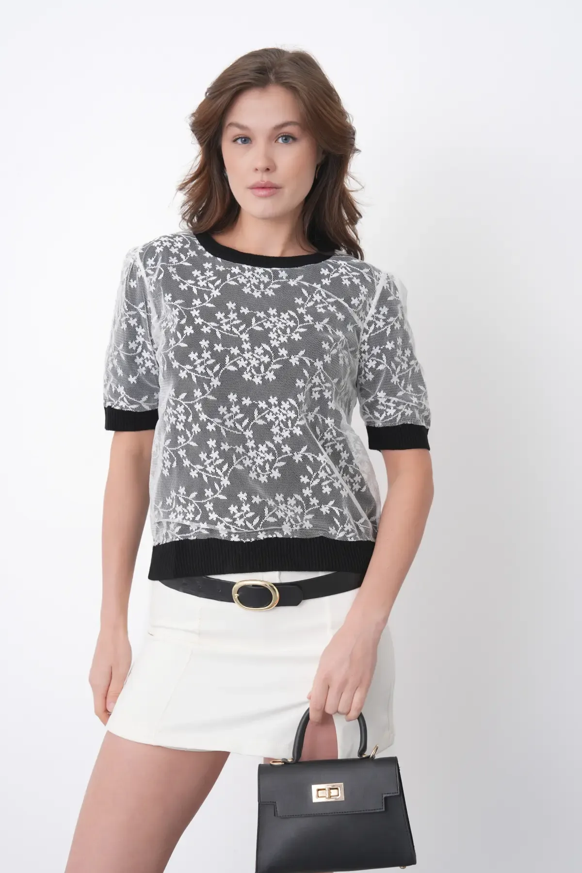 12058 Kadın Bisiklet Yaka çiçek Tül Detaylı Triko Bluz