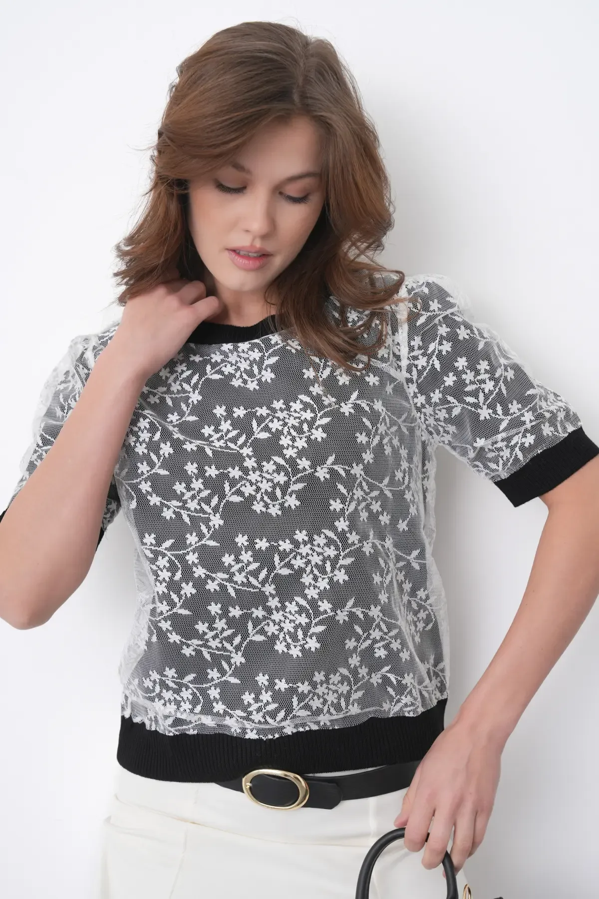 12058 Kadın Bisiklet Yaka çiçek Tül Detaylı Triko Bluz