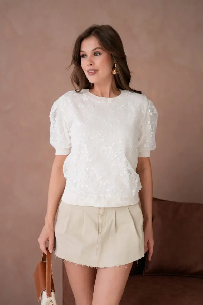 12058 Kadın Bisiklet Yaka çiçek Tül Detaylı Triko Bluz