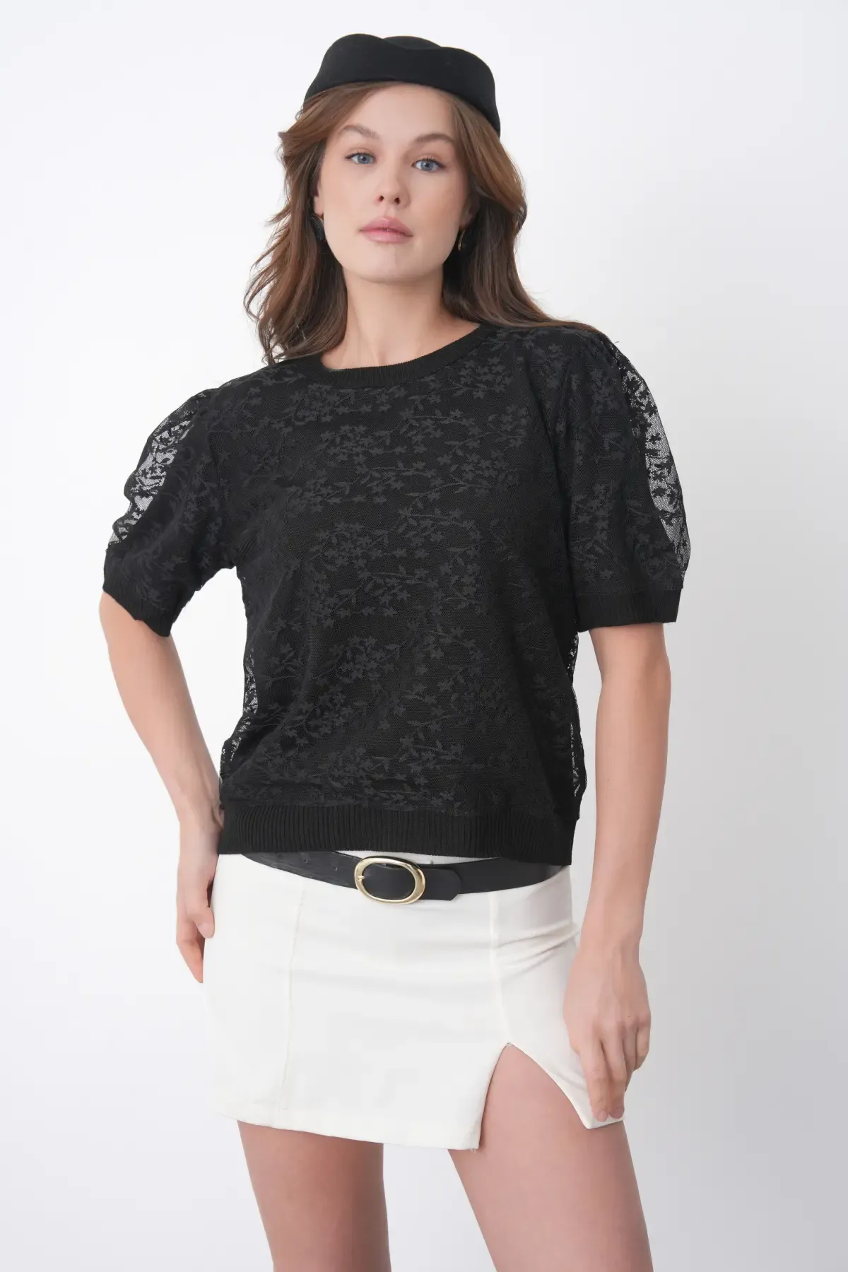 12058 Kadın Bisiklet Yaka çiçek Tül Detaylı Triko Bluz