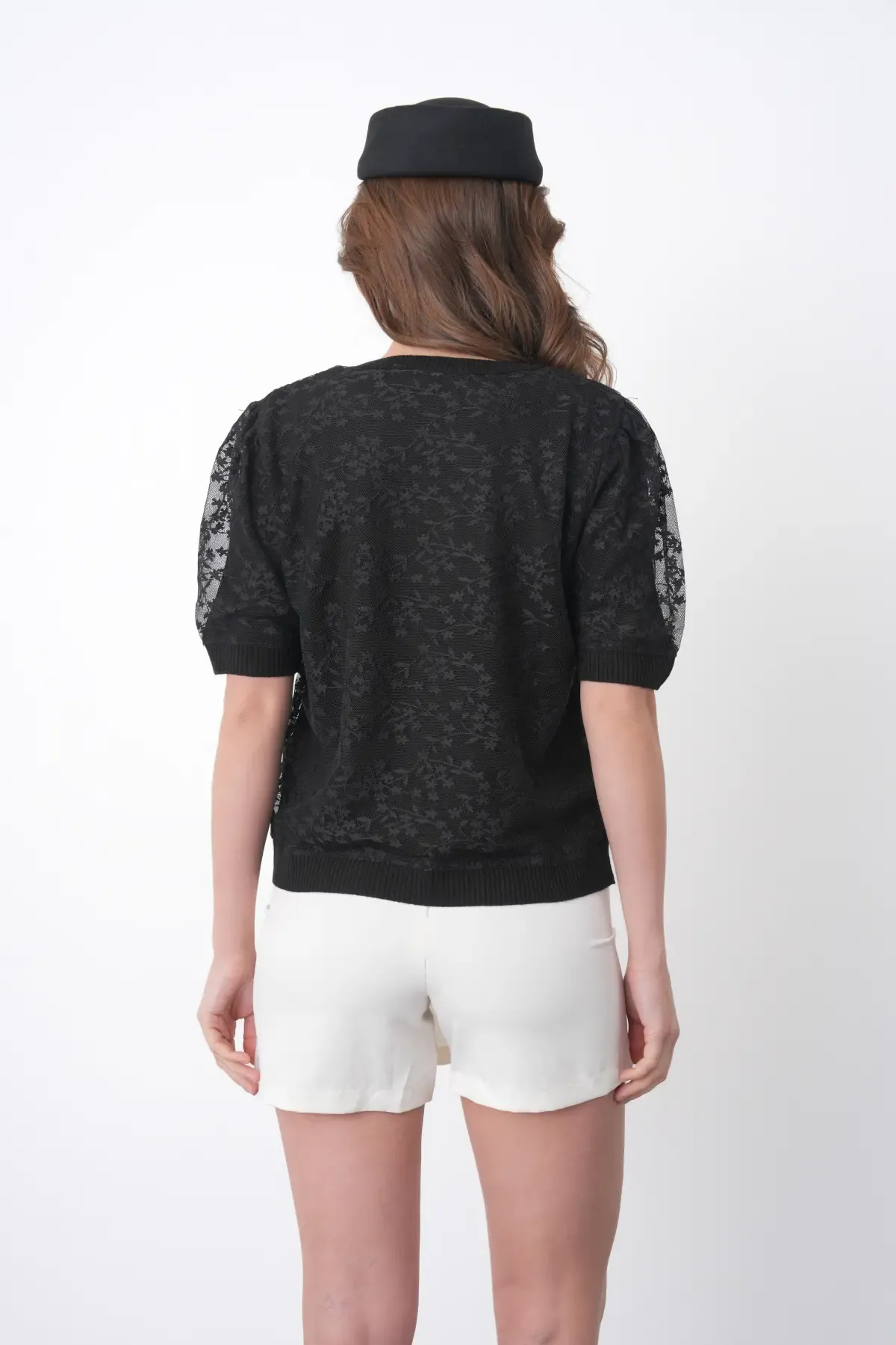 12058 Kadın Bisiklet Yaka çiçek Tül Detaylı Triko Bluz