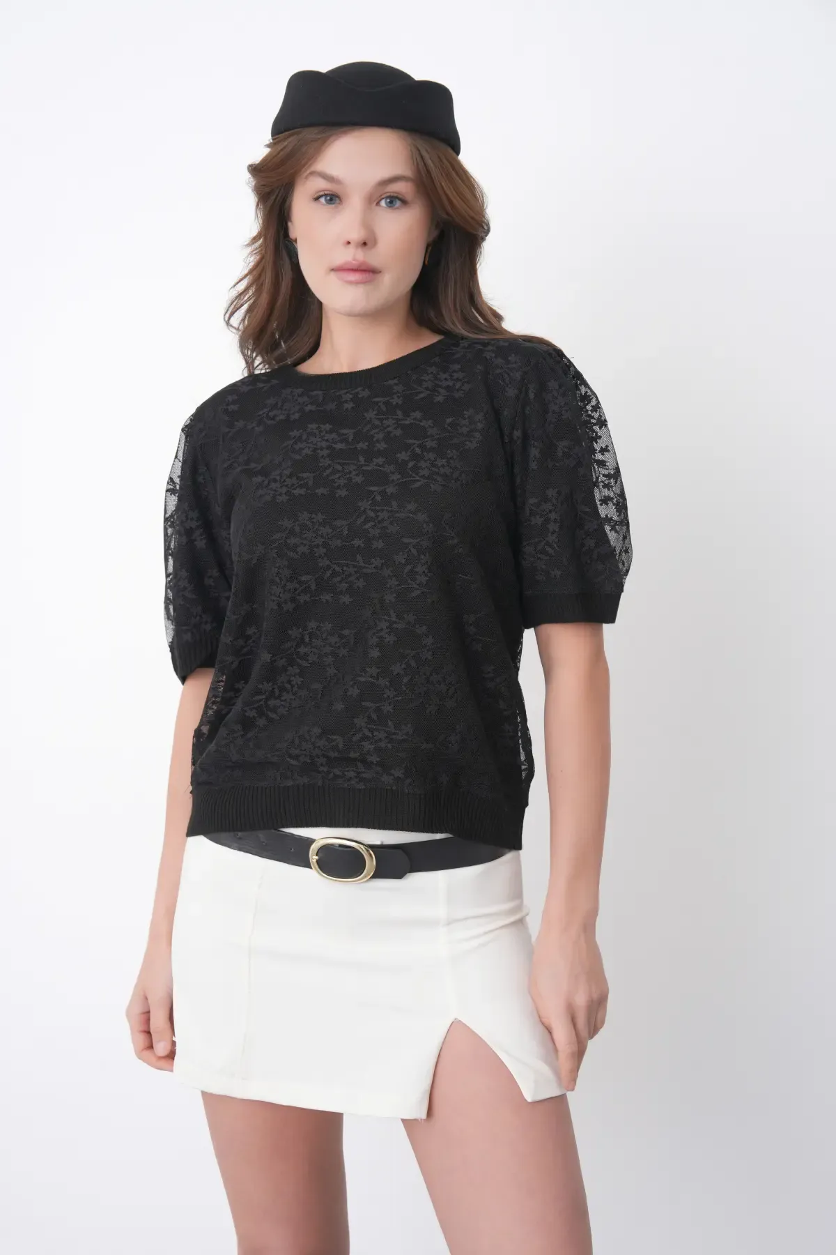 12058 Kadın Bisiklet Yaka çiçek Tül Detaylı Triko Bluz