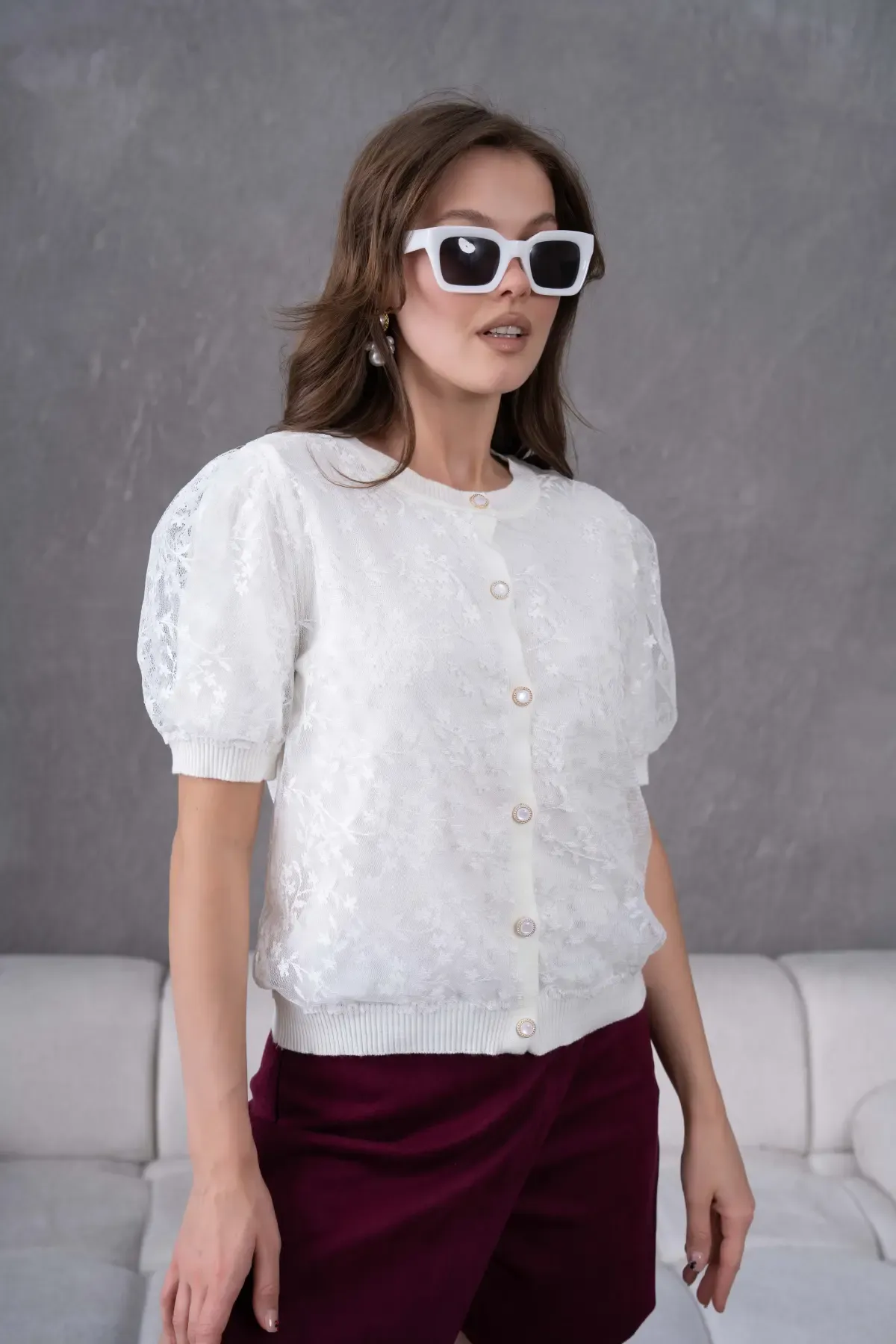 12081 Kadın Bisiklet Yaka Düğmeli Çiçek Tül Detaylı Triko Hırka