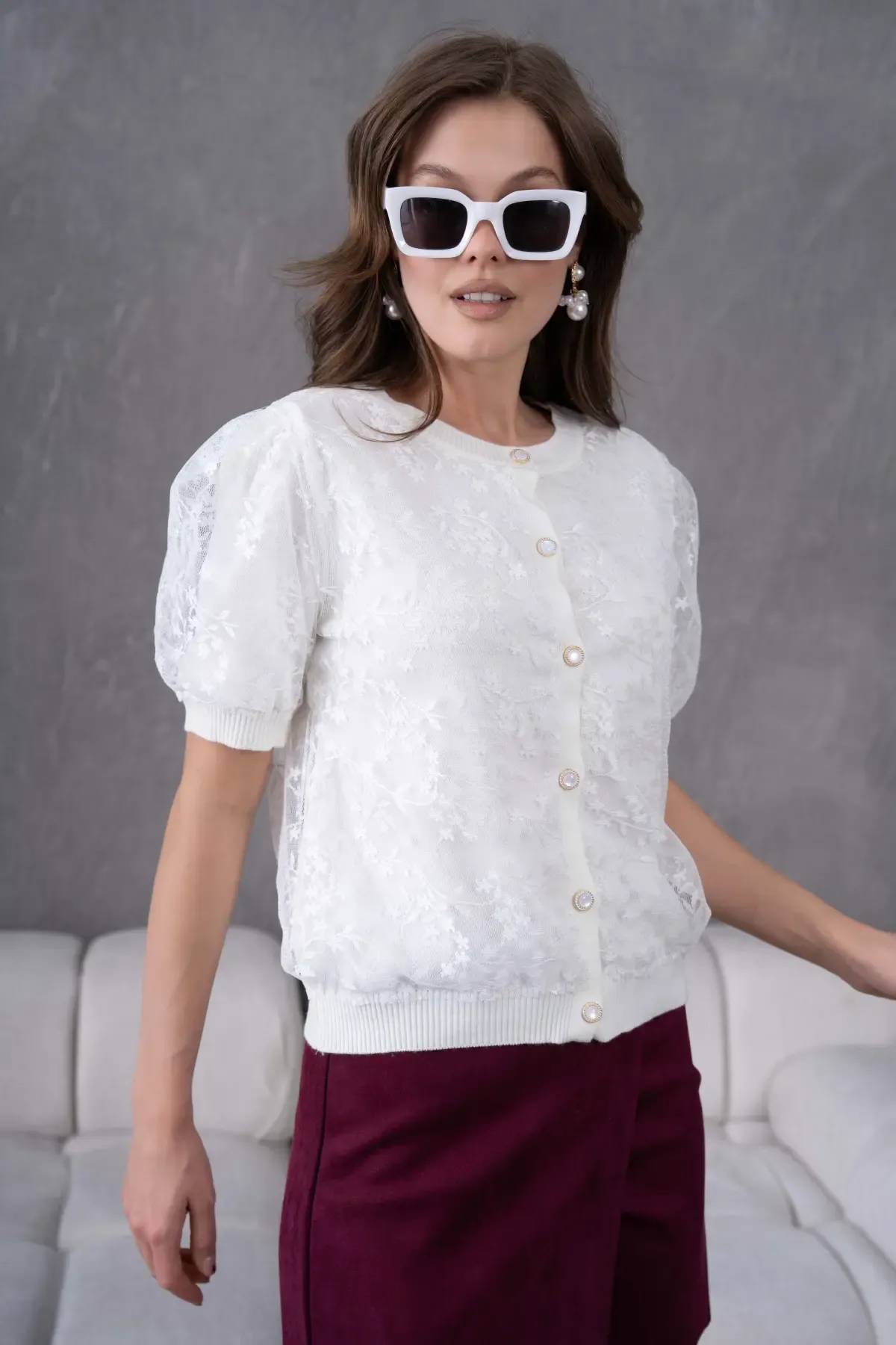 12081 Kadın Bisiklet Yaka Düğmeli Çiçek Tül Detaylı Triko Hırka