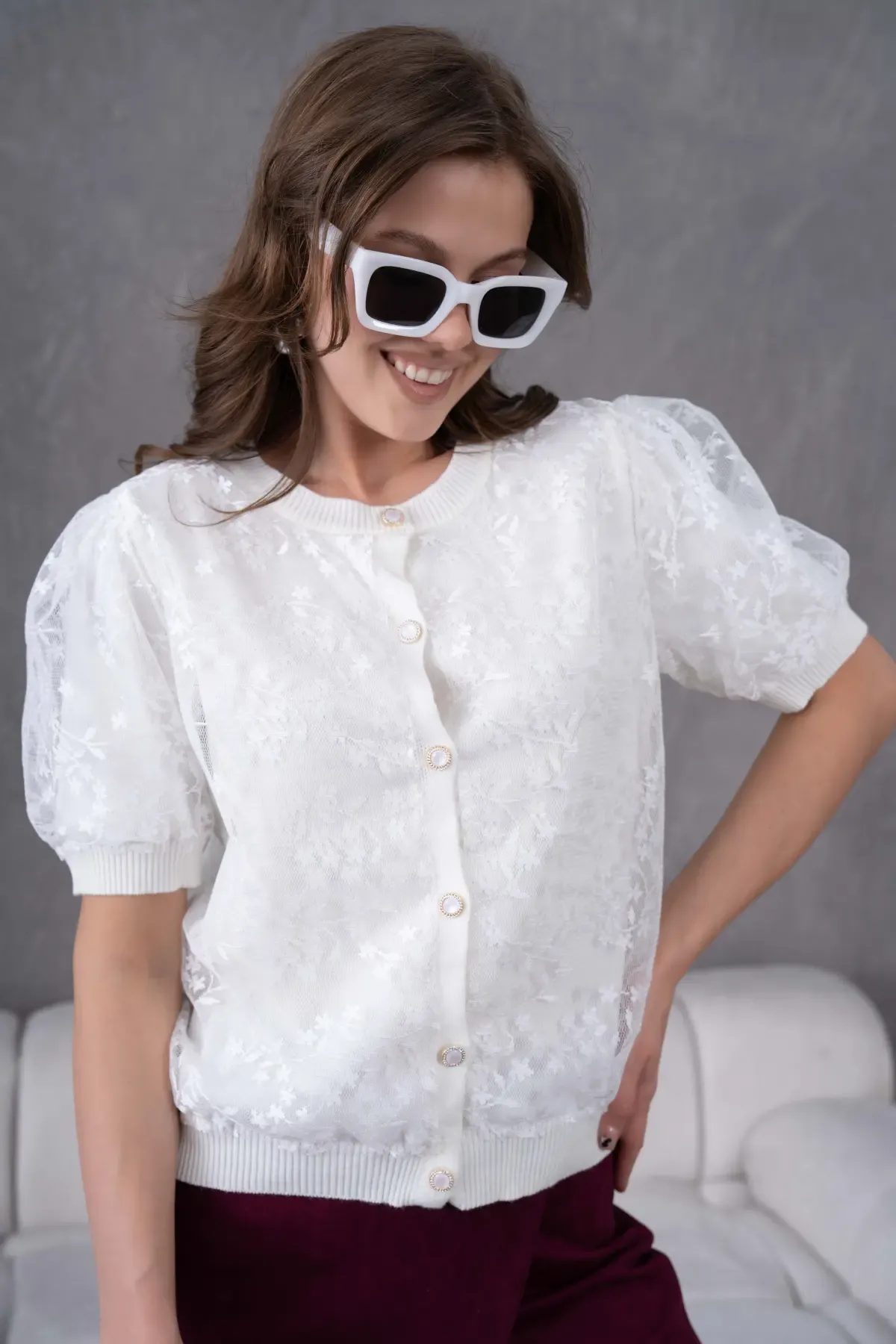 12081 Kadın Bisiklet Yaka Düğmeli Çiçek Tül Detaylı Triko Hırka