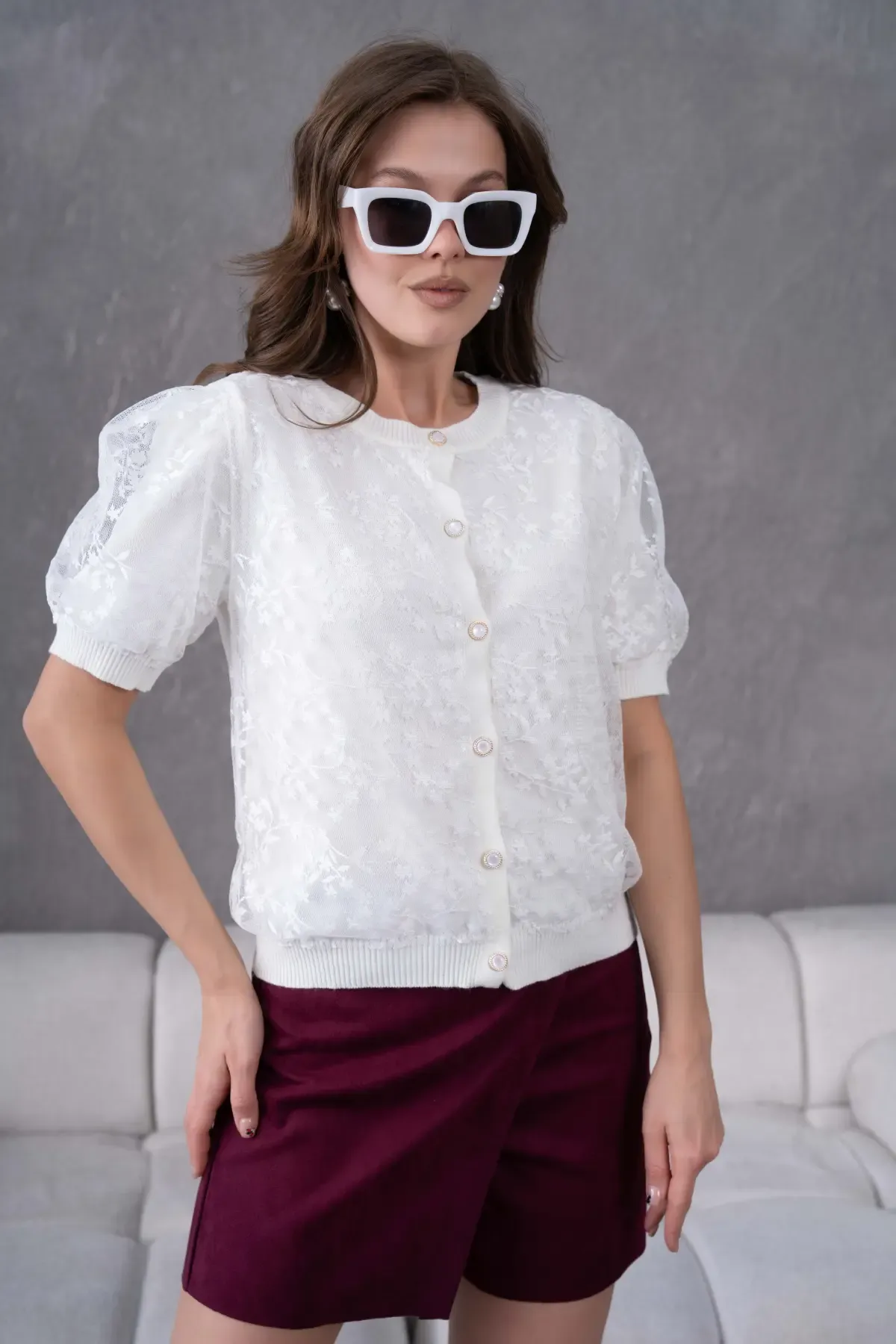 12081 Kadın Bisiklet Yaka Düğmeli Çiçek Tül Detaylı Triko Hırka