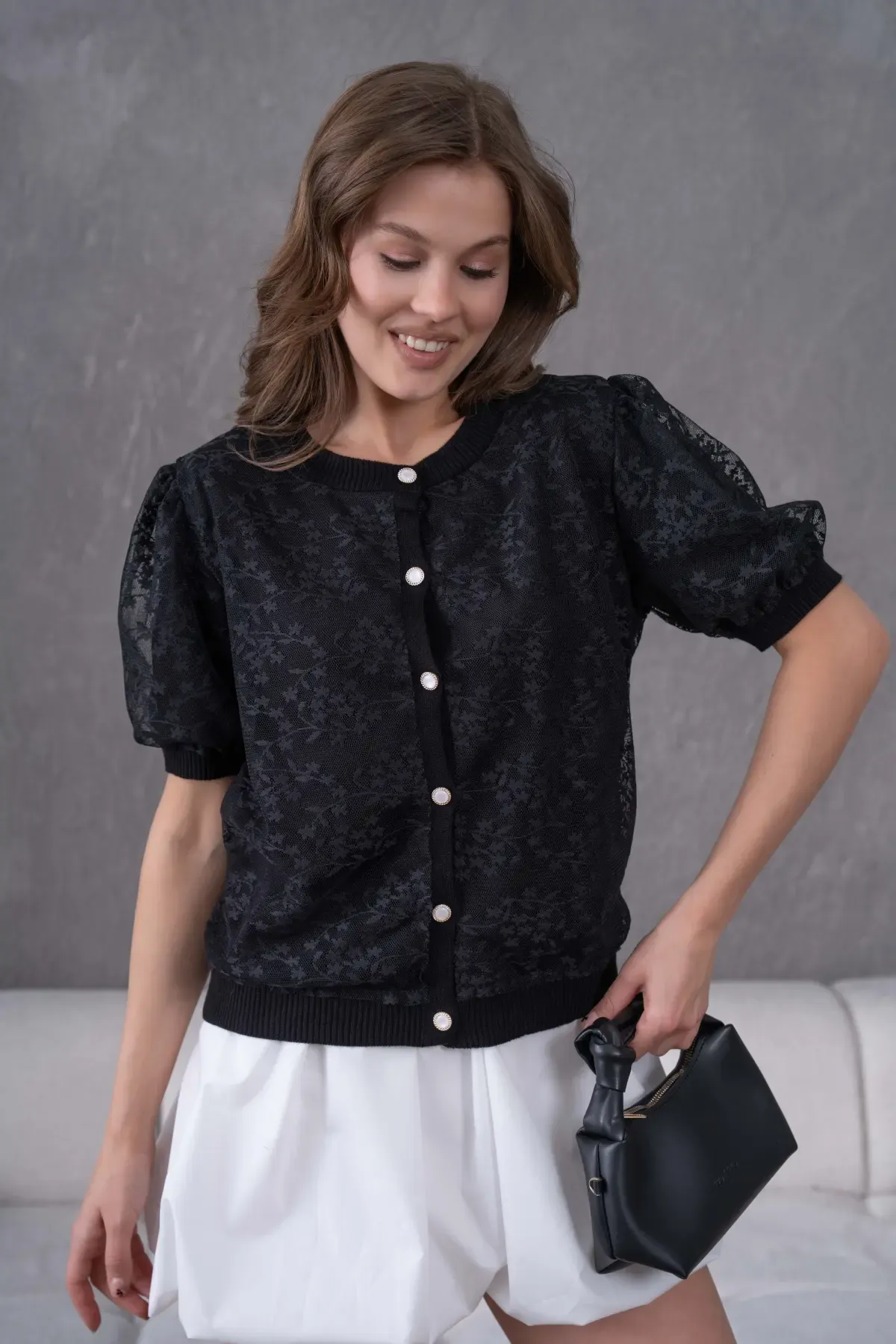 12081 Kadın Bisiklet Yaka Düğmeli Çiçek Tül Detaylı Triko Hırka