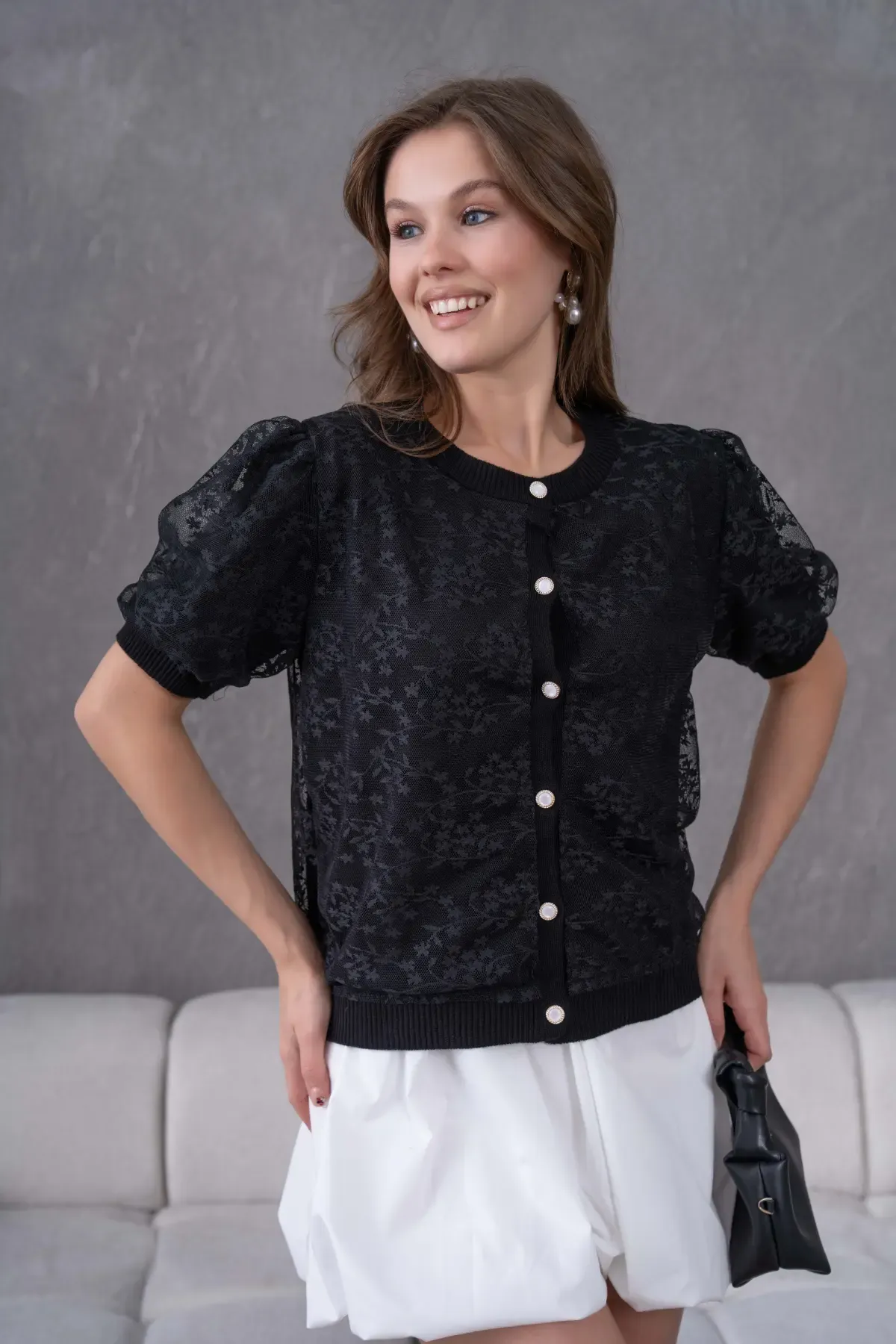 12081 Kadın Bisiklet Yaka Düğmeli Çiçek Tül Detaylı Triko Hırka