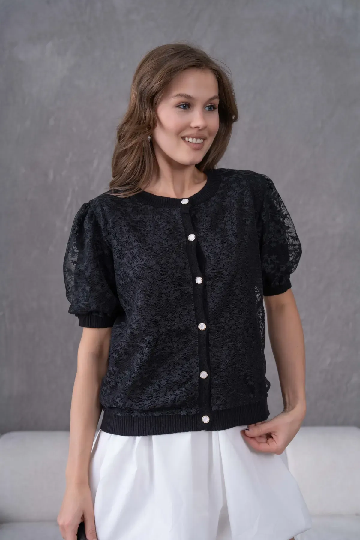 12081 Kadın Bisiklet Yaka Düğmeli Çiçek Tül Detaylı Triko Hırka