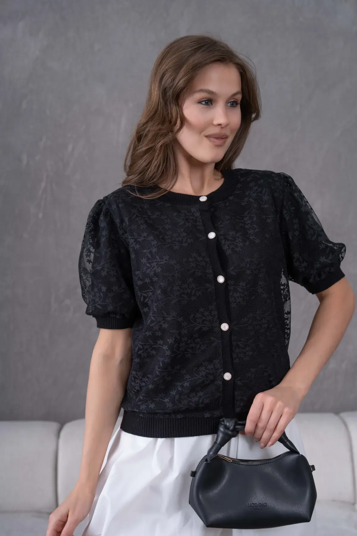 12081 Kadın Bisiklet Yaka Düğmeli Çiçek Tül Detaylı Triko Hırka