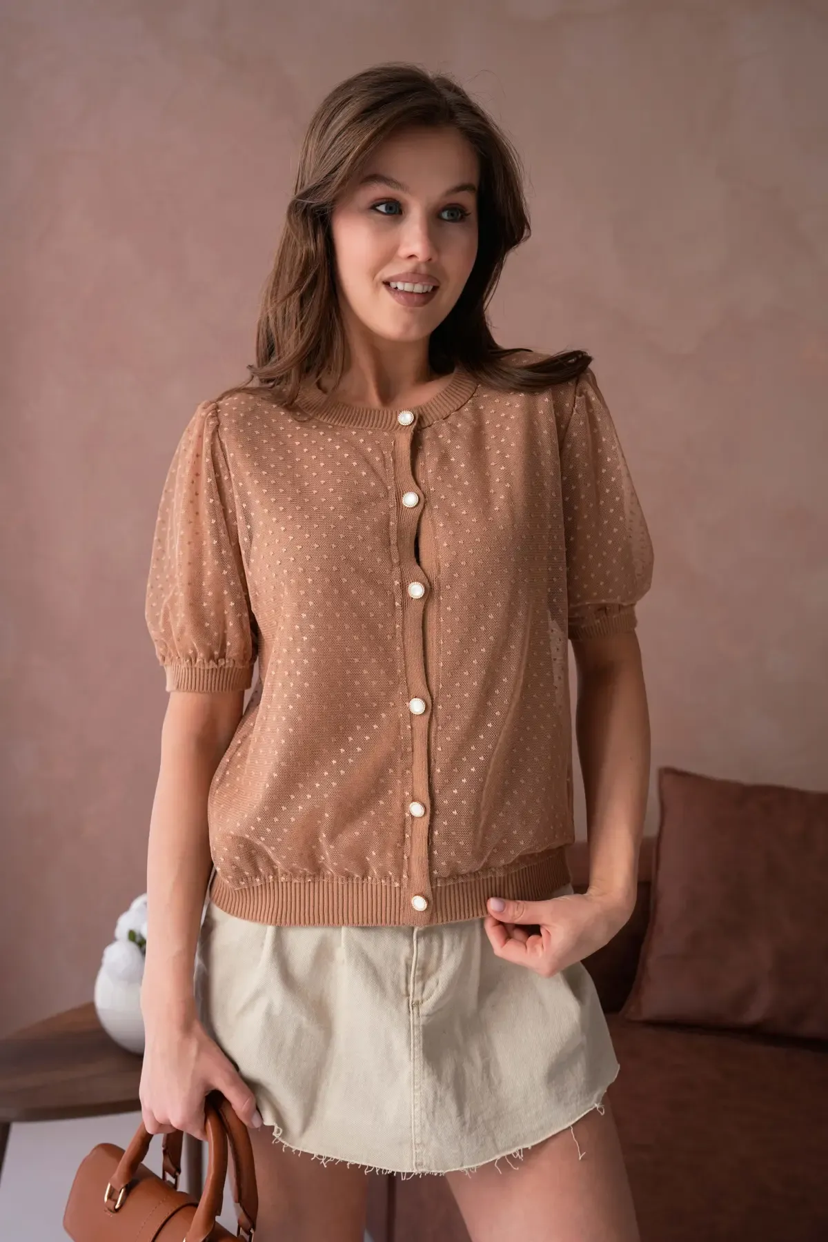 12082 Kadın Bisiklet Yaka Düğmeli Çiçek Tül Detaylı Triko Hırka