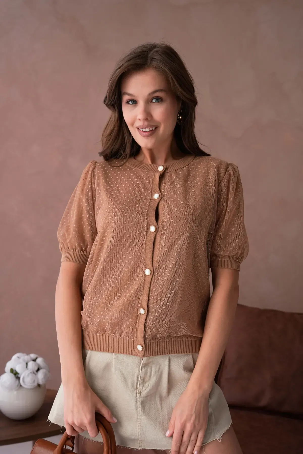 12082 Kadın Bisiklet Yaka Düğmeli Çiçek Tül Detaylı Triko Hırka