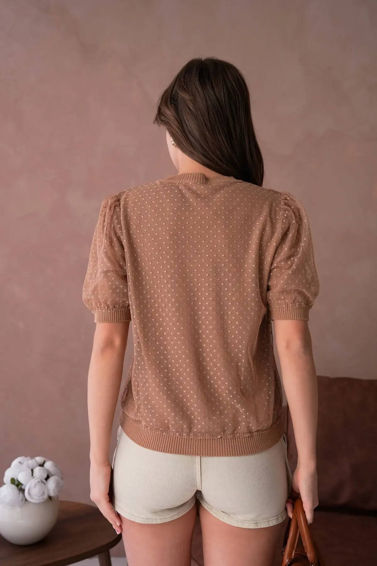 12082 Kadın Bisiklet Yaka Düğmeli Çiçek Tül Detaylı Triko Hırka