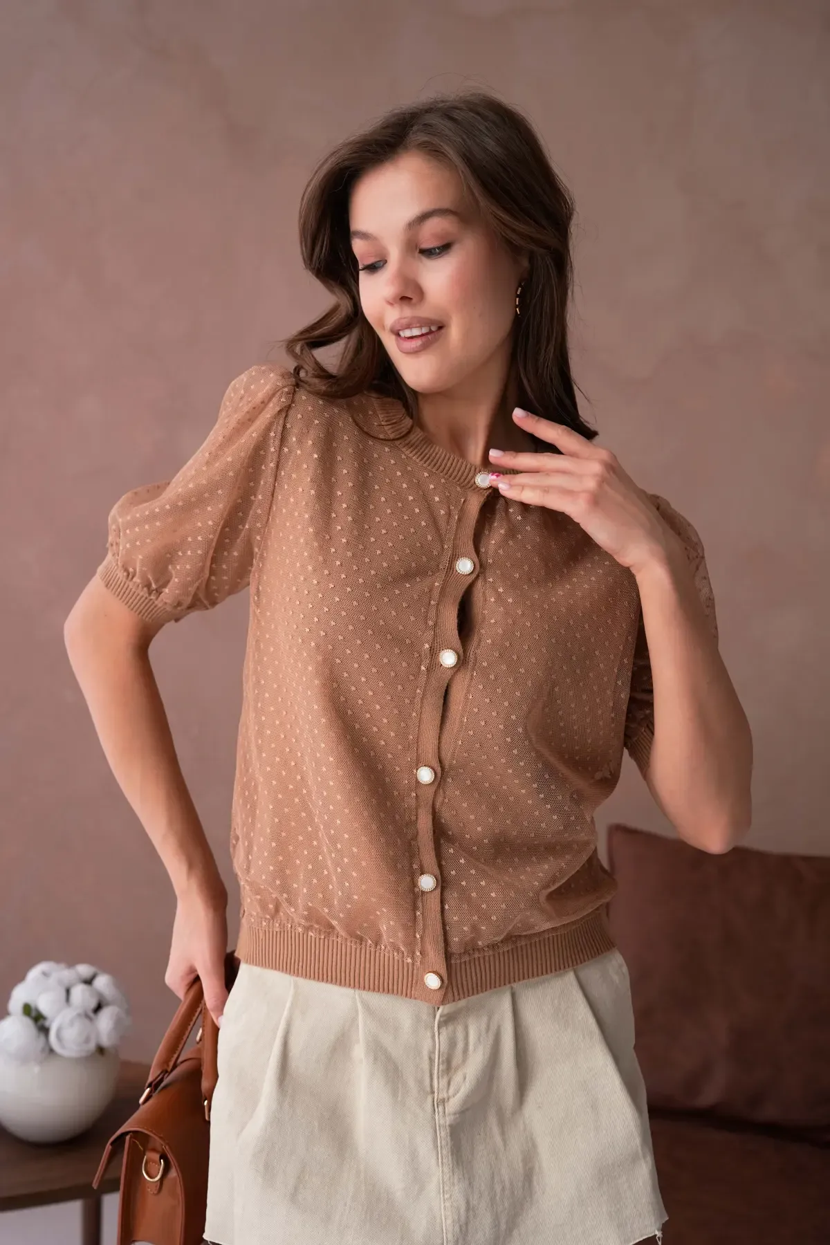 12082 Kadın Bisiklet Yaka Düğmeli Çiçek Tül Detaylı Triko Hırka