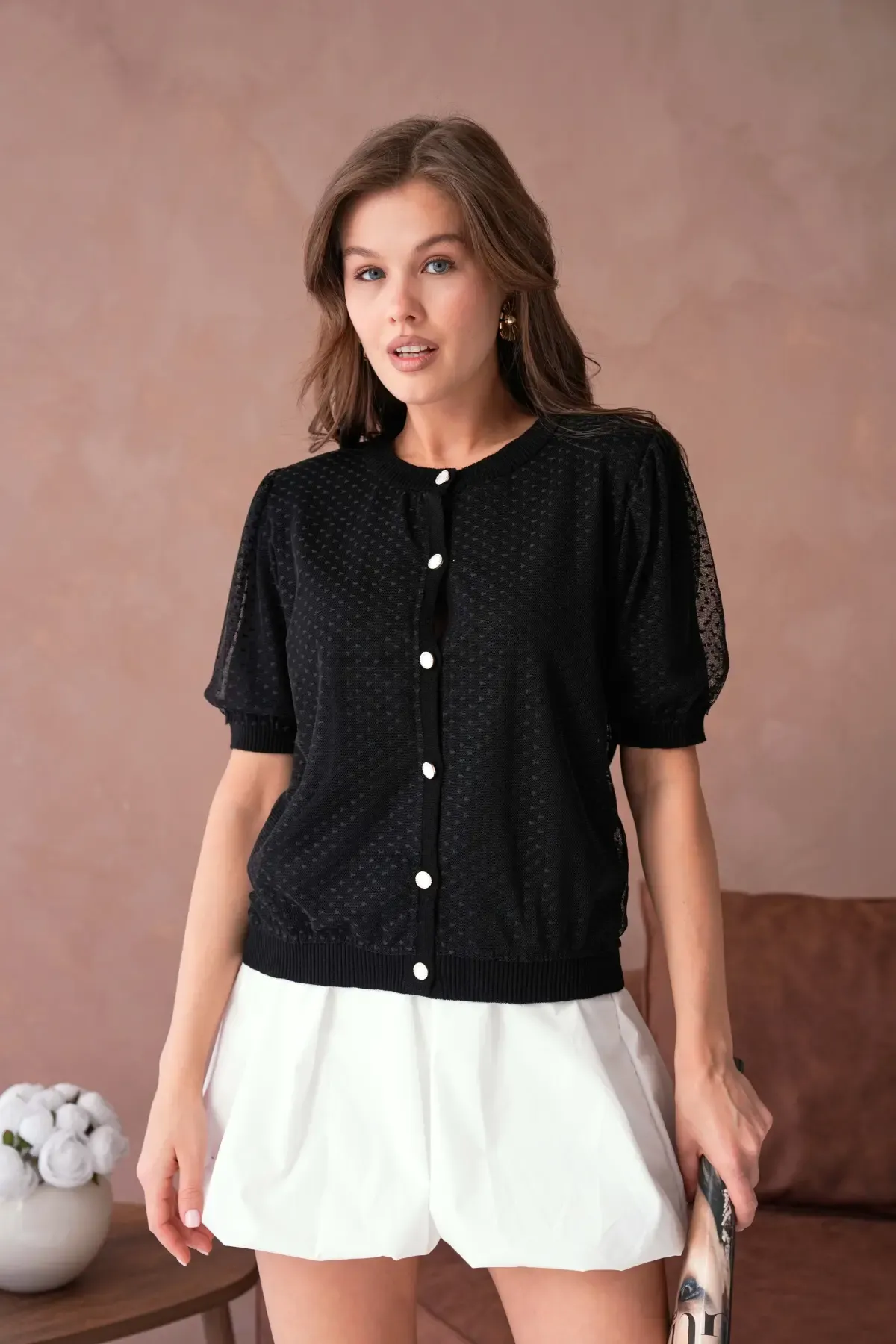 12082 Kadın Bisiklet Yaka Düğmeli Çiçek Tül Detaylı Triko Hırka