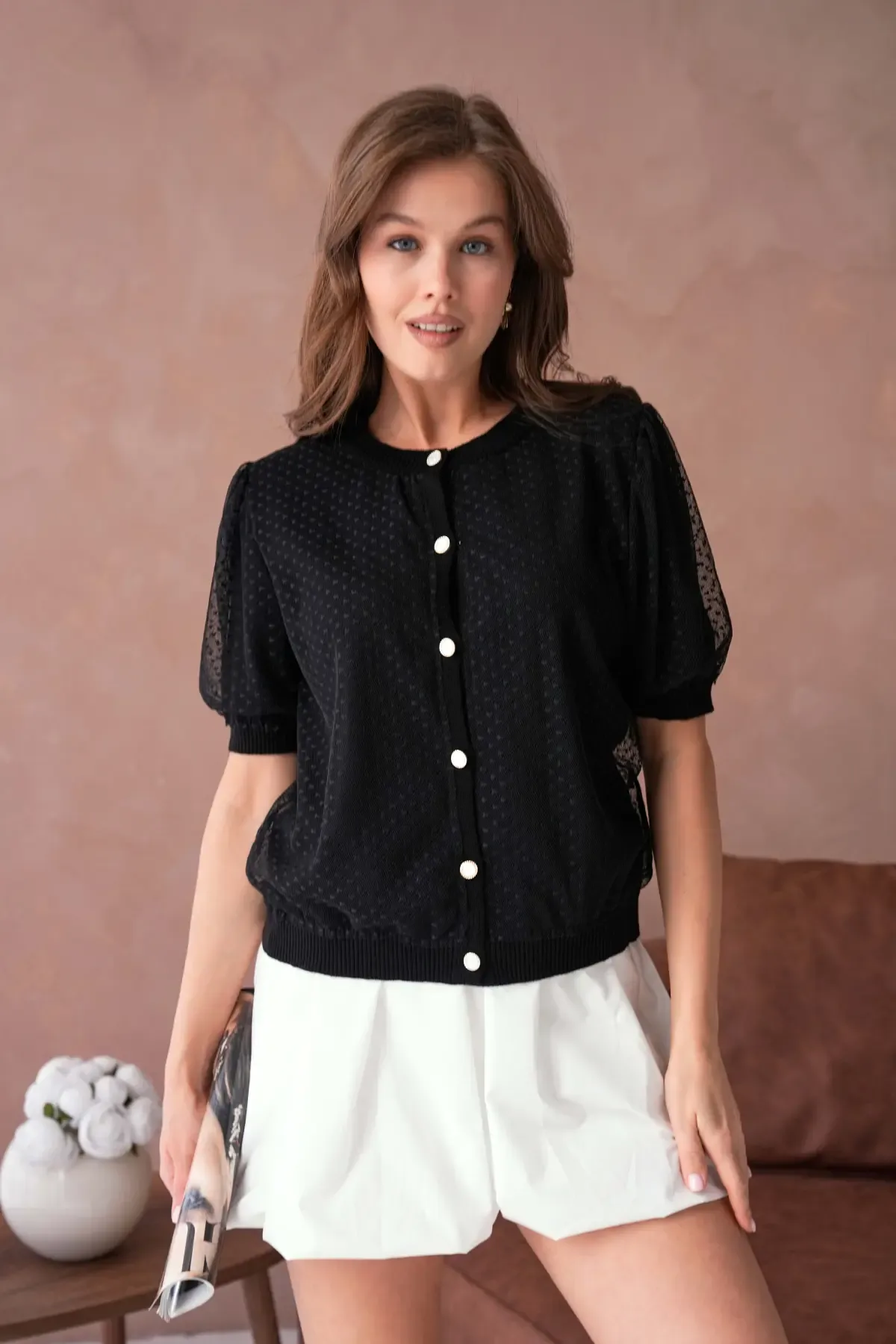 12082 Kadın Bisiklet Yaka Düğmeli Çiçek Tül Detaylı Triko Hırka