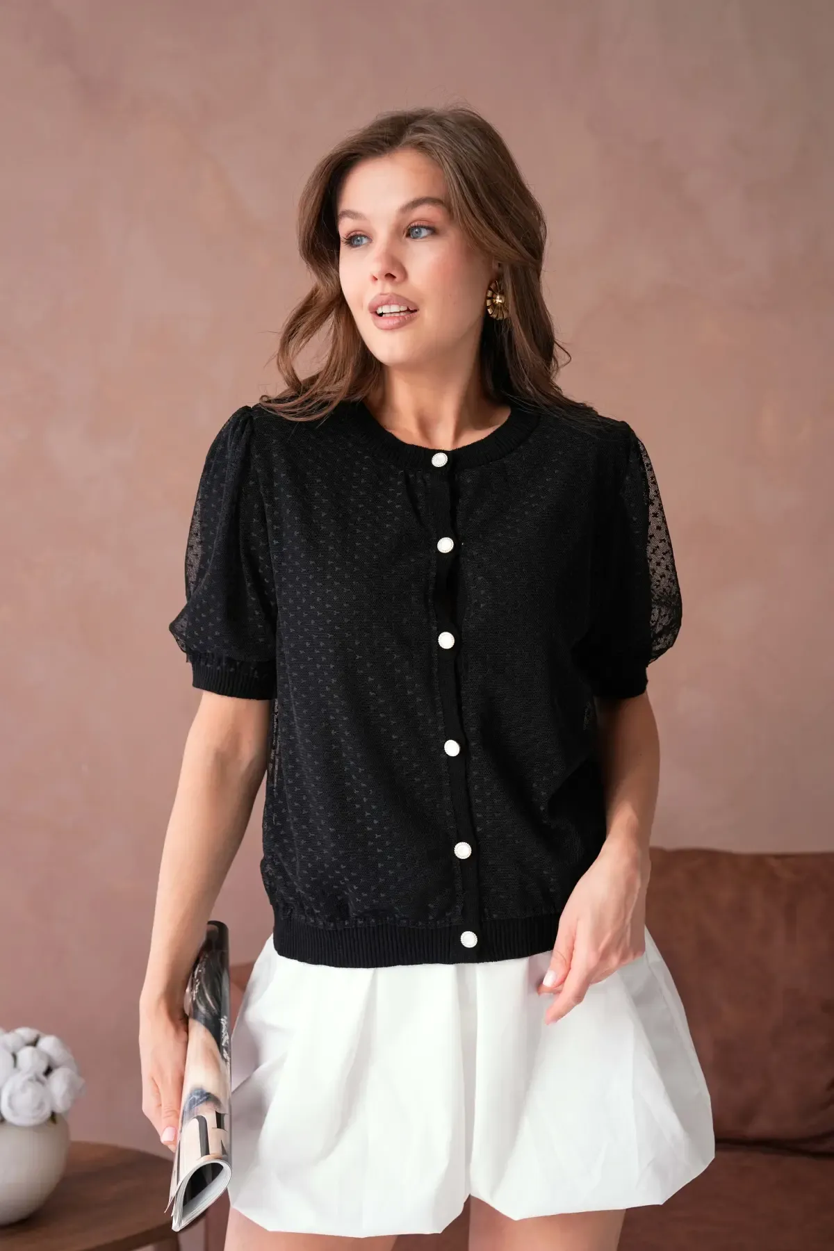 12082 Kadın Bisiklet Yaka Düğmeli Çiçek Tül Detaylı Triko Hırka