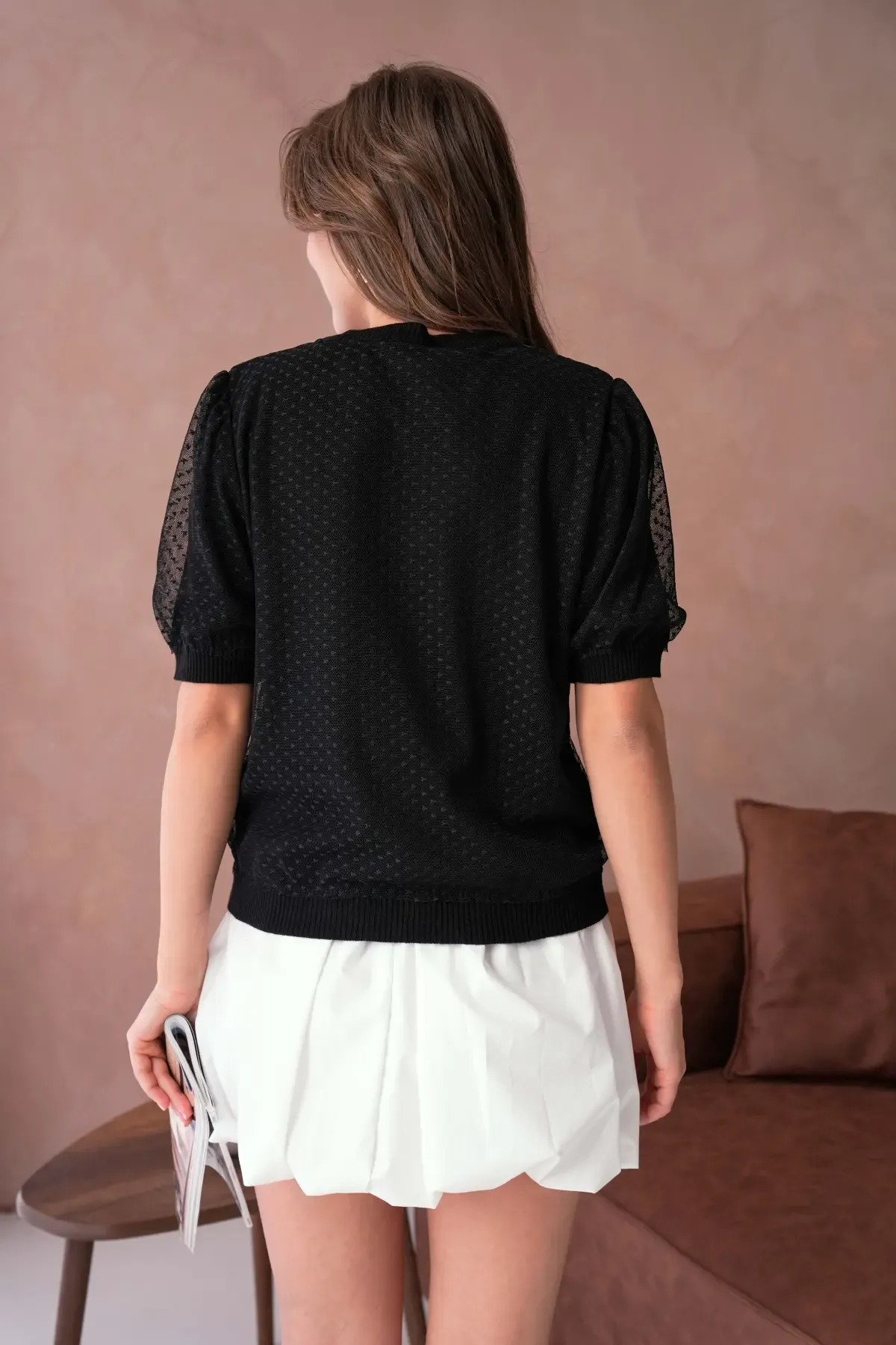 12082 Kadın Bisiklet Yaka Düğmeli Çiçek Tül Detaylı Triko Hırka