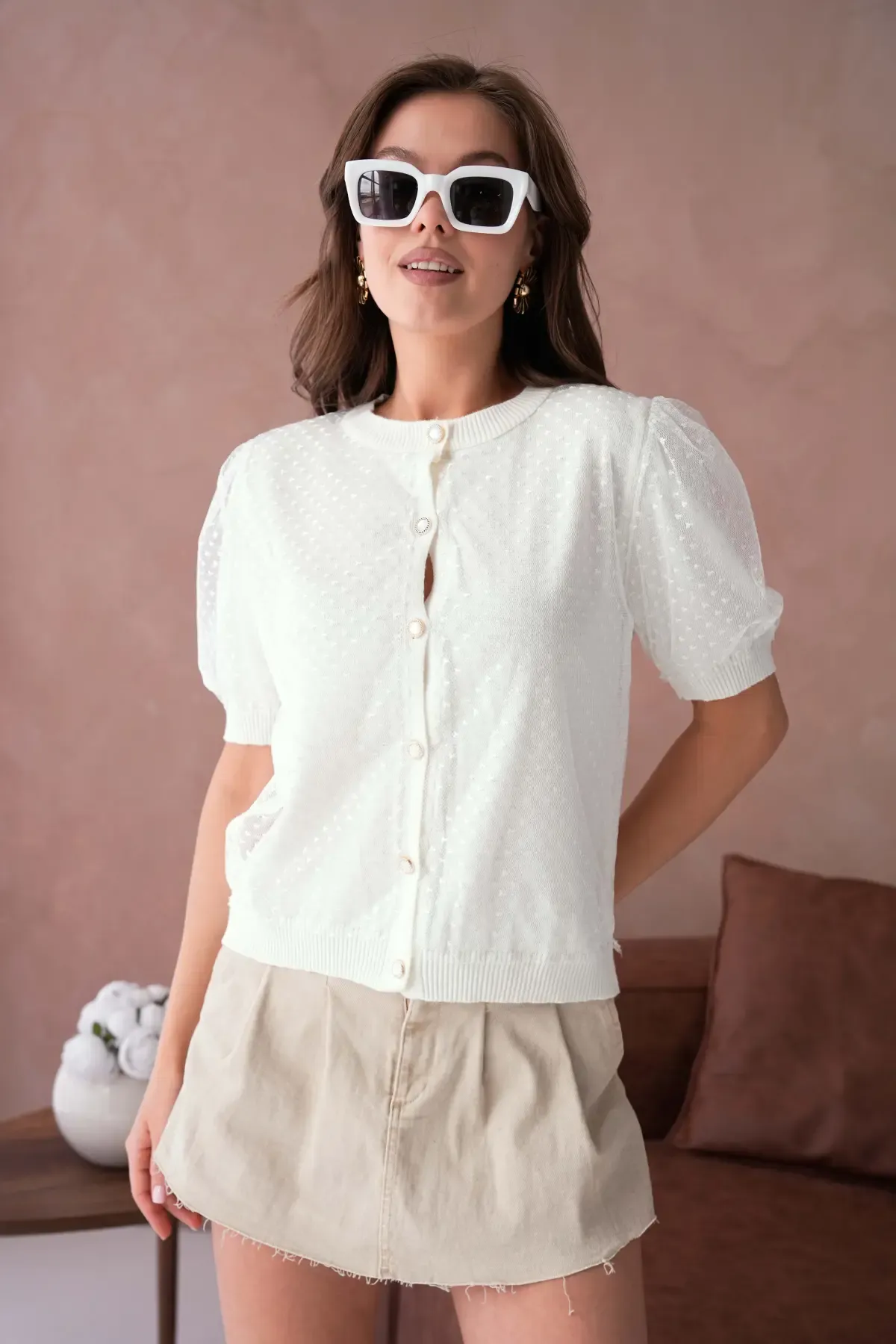 12082 Kadın Bisiklet Yaka Düğmeli Çiçek Tül Detaylı Triko Hırka