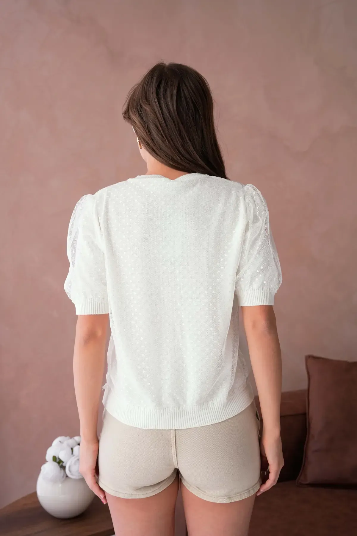 12082 Kadın Bisiklet Yaka Düğmeli Çiçek Tül Detaylı Triko Hırka