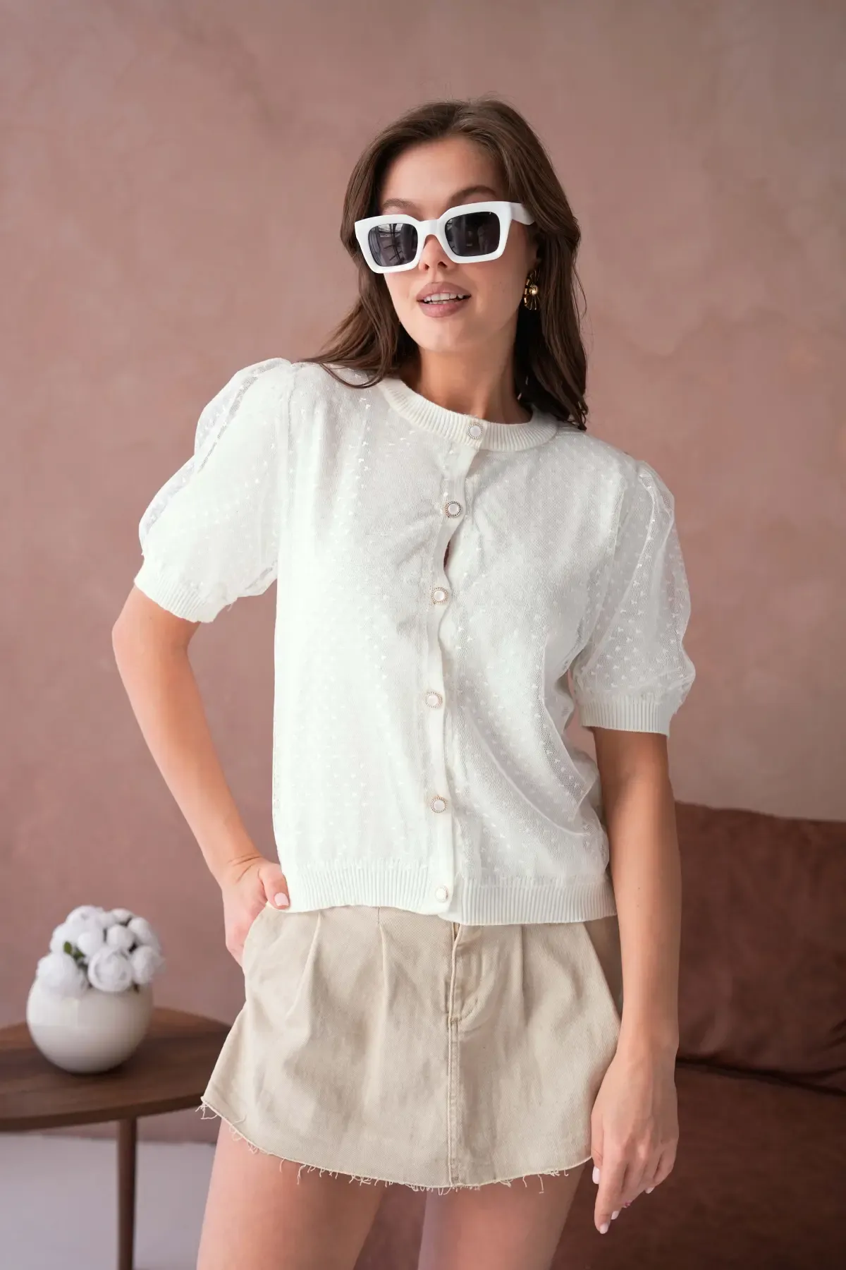 12082 Kadın Bisiklet Yaka Düğmeli Çiçek Tül Detaylı Triko Hırka