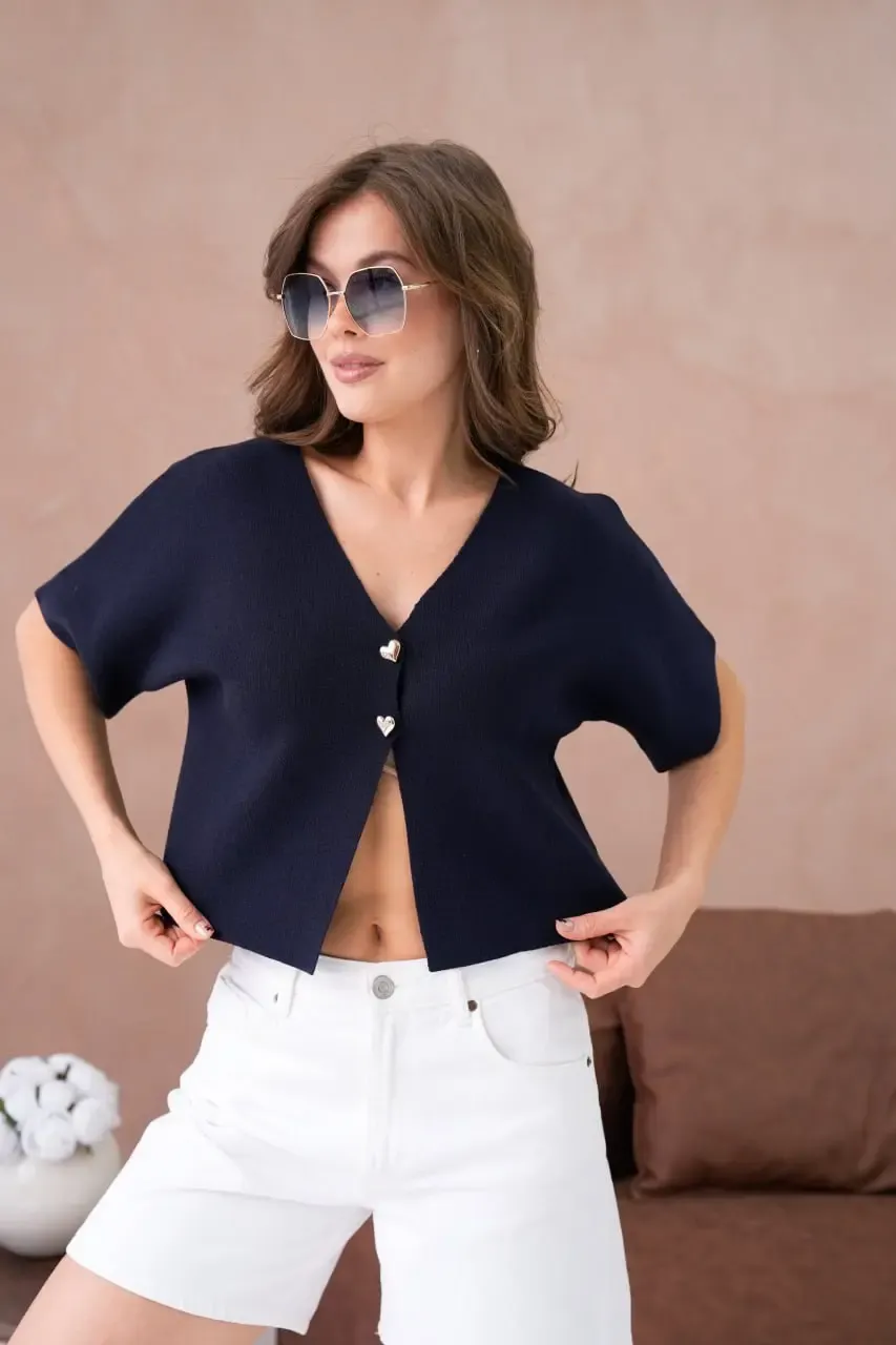 12103 Gold Düğme Detay Yumuşak Dokulu Kısa Kollu Viscon Triko Hırka