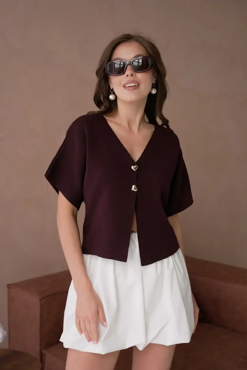 12103 Gold Düğme Detay Yumuşak Dokulu Kısa Kollu Viscon Triko Hırka