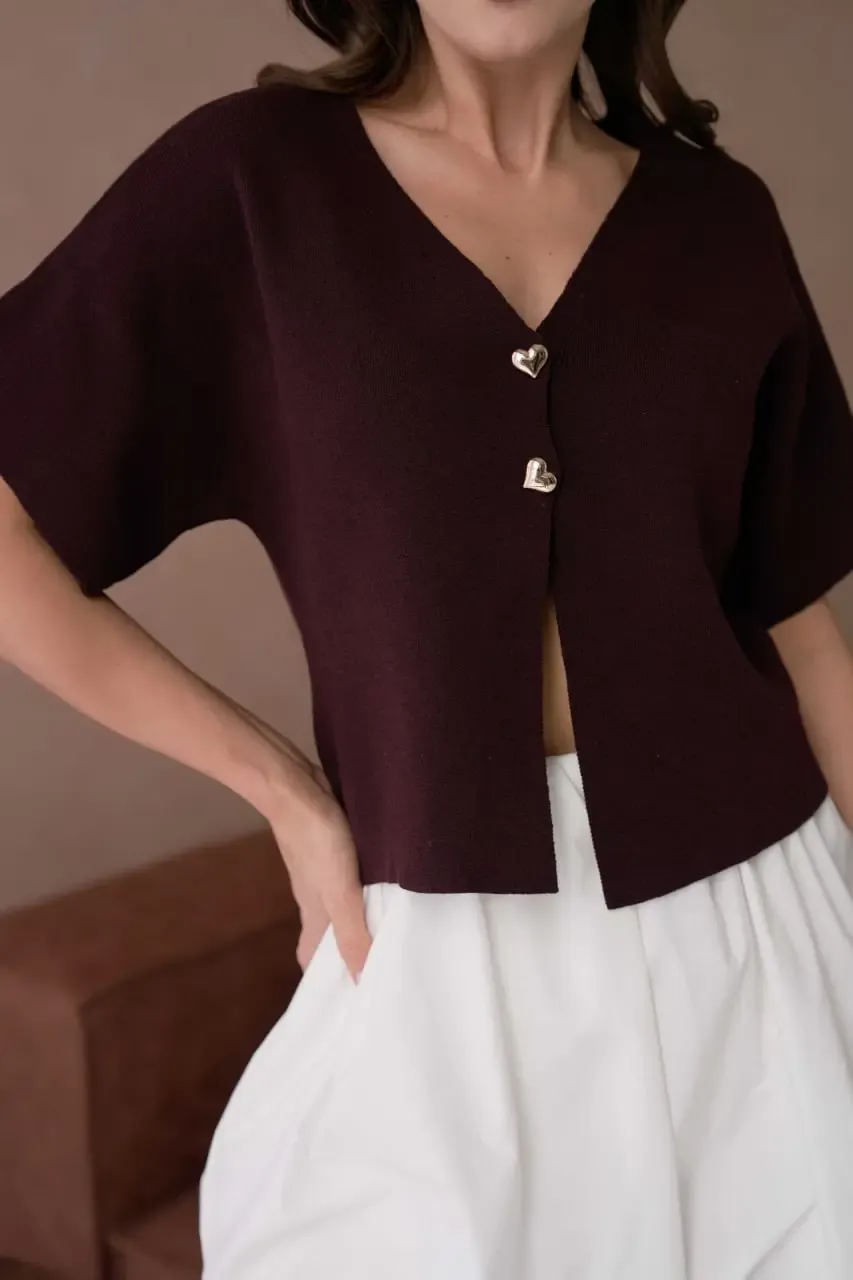 12103 Gold Düğme Detay Yumuşak Dokulu Kısa Kollu Viscon Triko Hırka