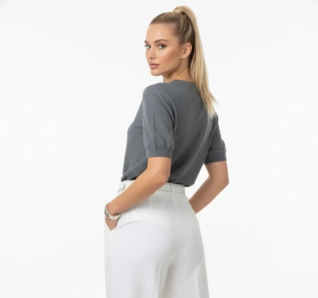 12392.Pr Kadın V Yaka Simli Yumuşak Dokulu Triko Bluz