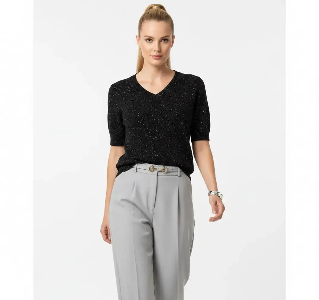 12392.Pr Kadın V Yaka Simli Yumuşak Dokulu Triko Bluz