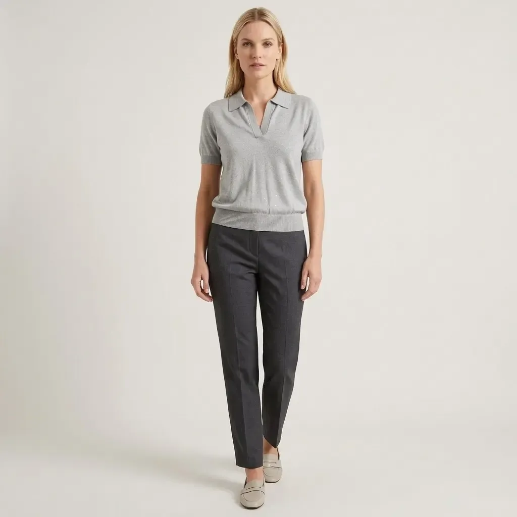 12459 Kadın Polo Yaka Yumuşak Dokulu Simli Triko Bluz