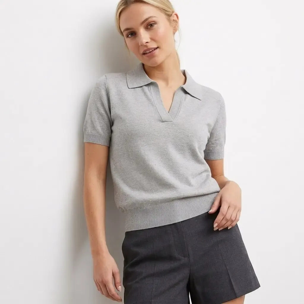 12459 Kadın Polo Yaka Yumuşak Dokulu Simli Triko Bluz