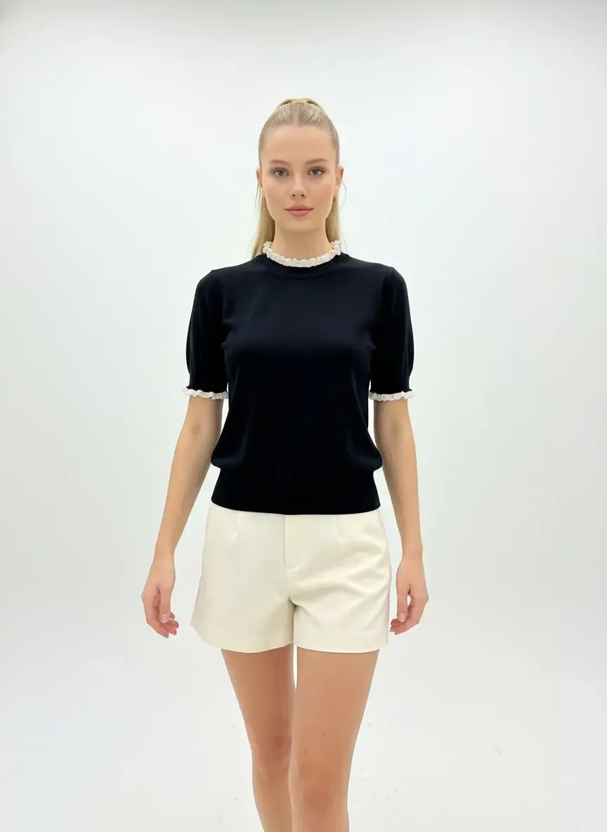 12465 Kadın Dik Yaka Detay Yumuşak Dokulu Premium İplik Triko Bluz