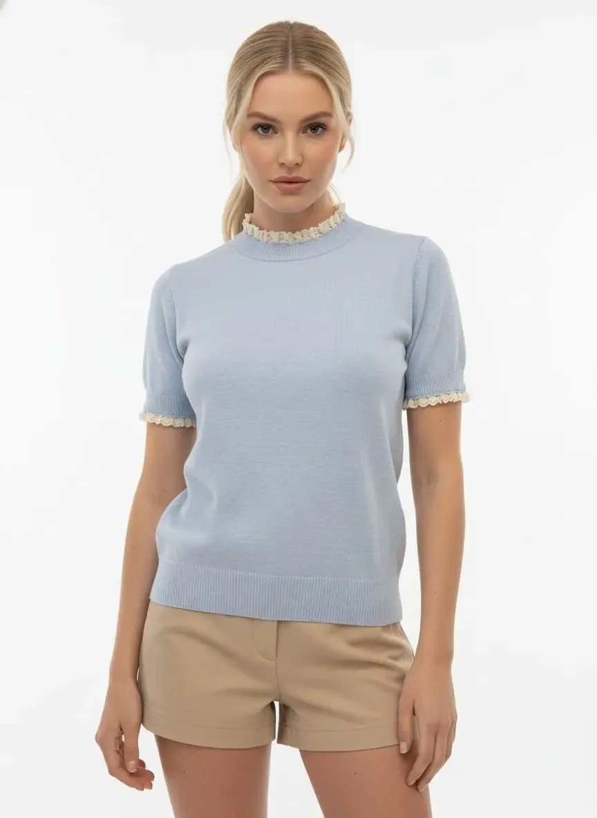 12465 Kadın Dik Yaka Detay Yumuşak Dokulu Premium İplik Triko Bluz