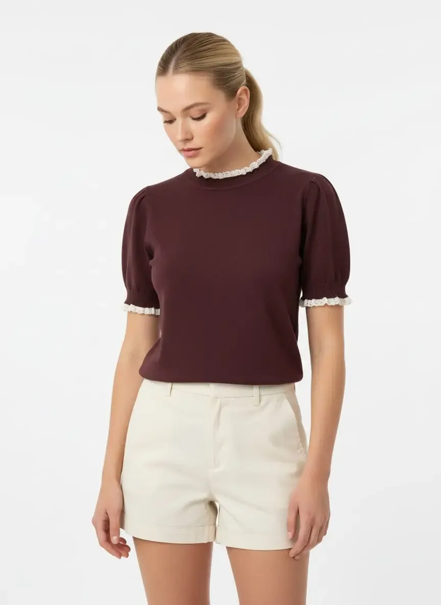 12465 Kadın Dik Yaka Detay Yumuşak Dokulu Premium İplik Triko Bluz